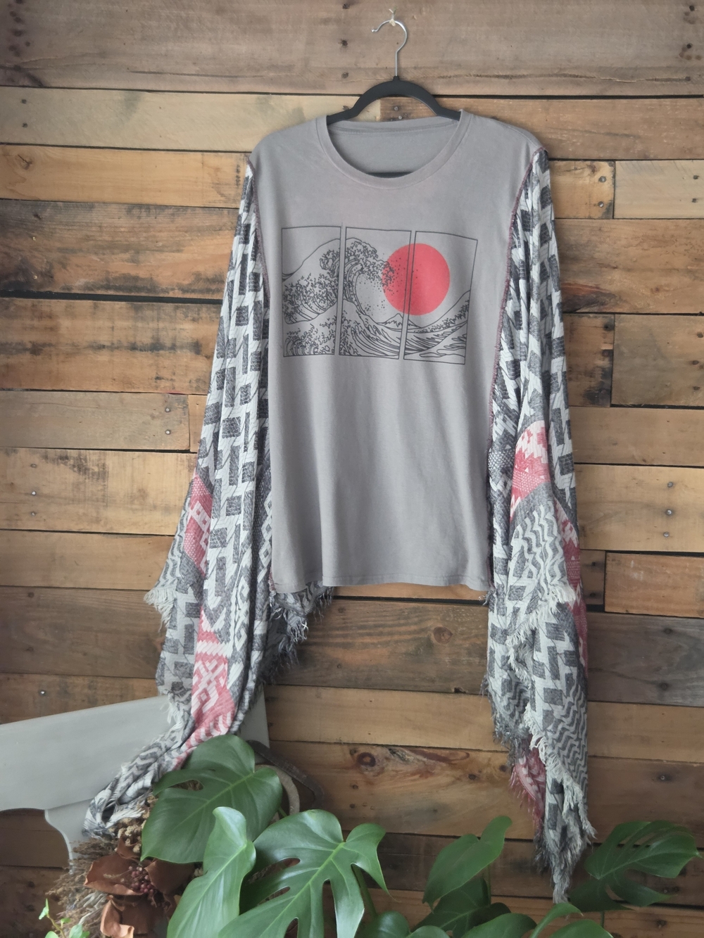 Upcycled Graphic Wave Tee with Patterned Fringe Cardigan - Taupe & Coral Accents